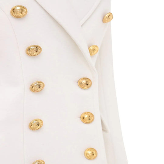 Damen Schmalgeschnittener Zweireihiger Wollmix-Longcoat mit markanter Schulter und goldenen Zierrundknöpfen Nord Taschen