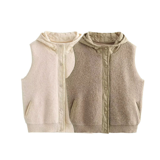 Damen Wattierte Wollmix-Weste mit Kapuze und Druckknopfleiste Nord Taschen