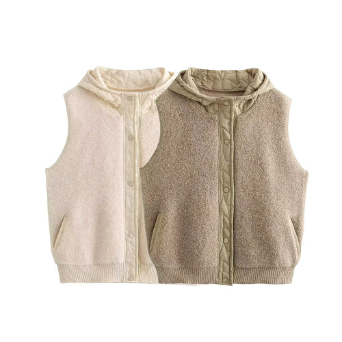 Damen Wattierte Wollmix-Weste mit Kapuze und Druckknopfleiste Nord Taschen