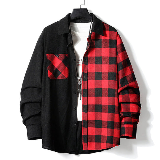 Herren Halbgespaltenes Overshirt im Lumberjack-Karo mit kontrastierender Uni‑Seite, Brusttasche und durchgehender Knopfleiste Nord Taschen