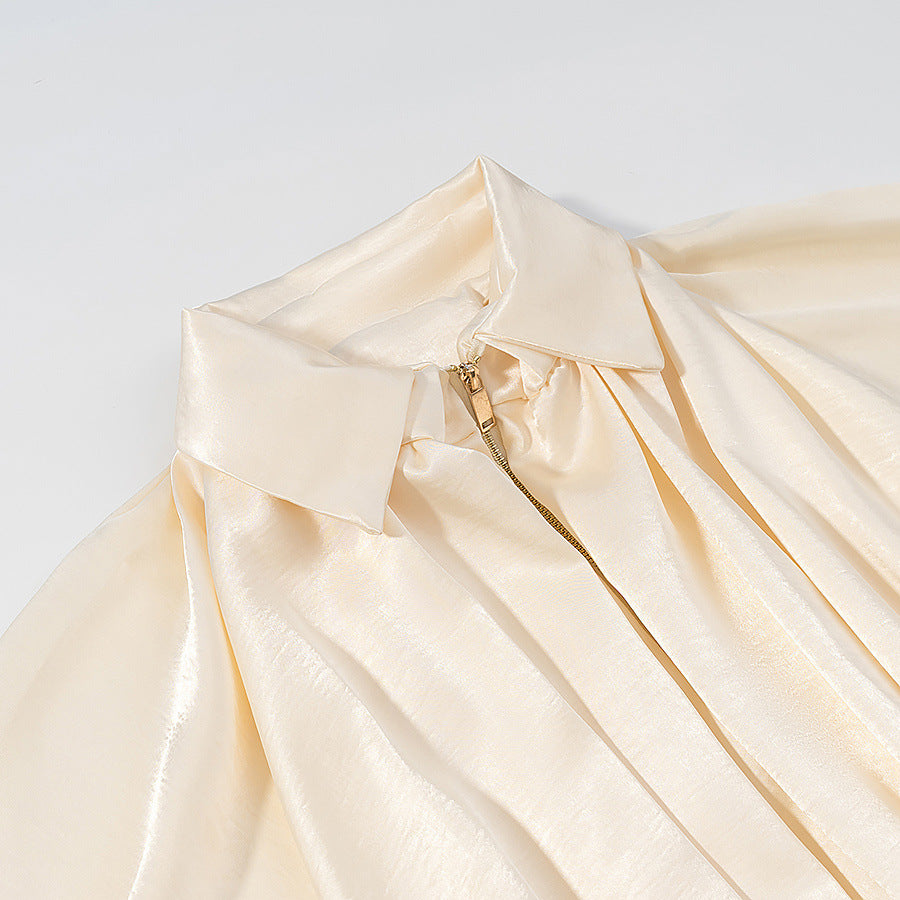 Damen Satin-Cape-Bluse mit Reißverschluss, Ballonärmeln und gerafftem Saum Nord Taschen