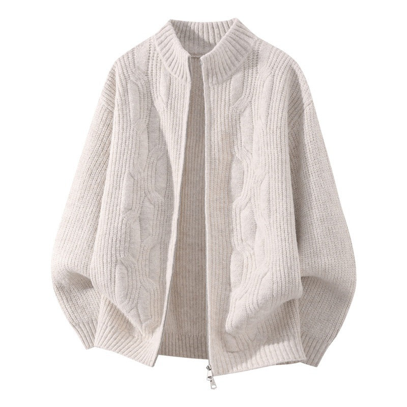 Damen Weicher Oversize‑Zopfmuster‑Cardigan mit Stehkragen & Zwei‑Wege‑Reißverschluss Nord Taschen