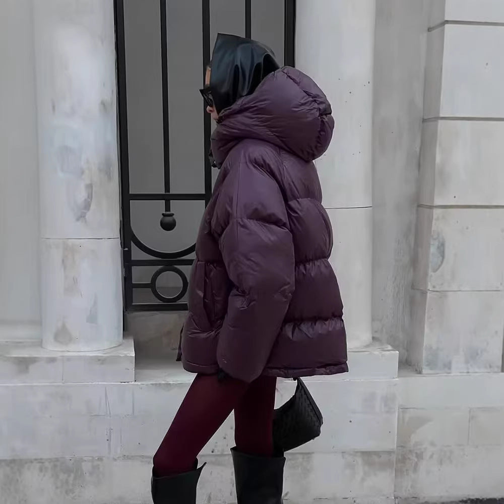 Damen Kurze wattierte Oversize‑Steppjacke mit hohem Stehkragen und Kapuze Nord Taschen