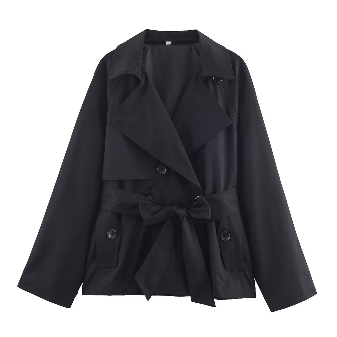 Damen Gekürzte Taillengürtel-Trenchjacke mit breitem Revers und Pattentaschen Nord Taschen