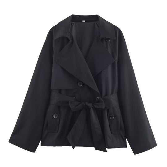 Damen Gekürzte Taillengürtel-Trenchjacke mit breitem Revers und Pattentaschen Nord Taschen