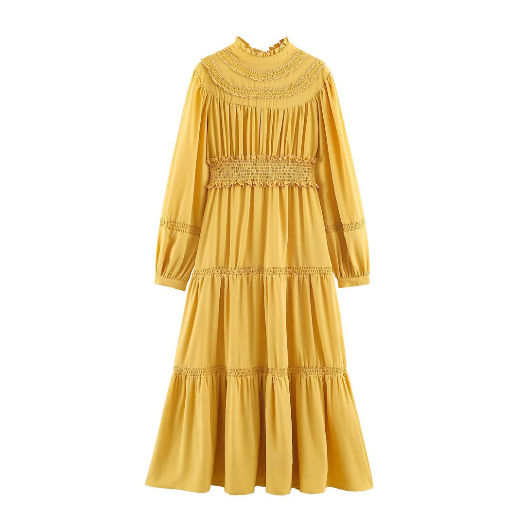 Damen Rüschen-Midikleid mit hohem Stehkragen, Stufenrock und Taillen-Smock Nord Taschen
