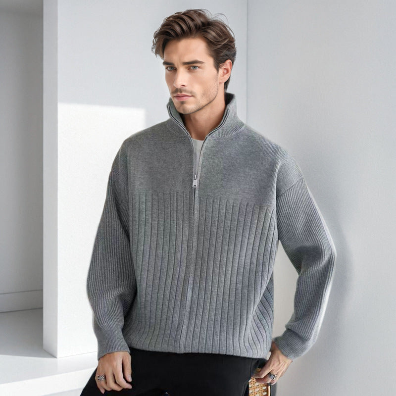 Herren Halbzip-Strickpullover mit hohem Stehkragen und breitem Rippenmuster Nord Taschen