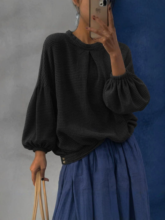 Damen Waffelstrick-Oversize-Bluse mit voluminösen Ballonärmeln Nord Taschen