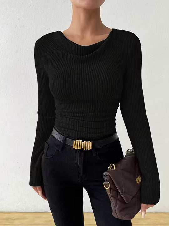 Damen Gerippter Taillierter Feinstrickpullover mit Raffung Nord Taschen
