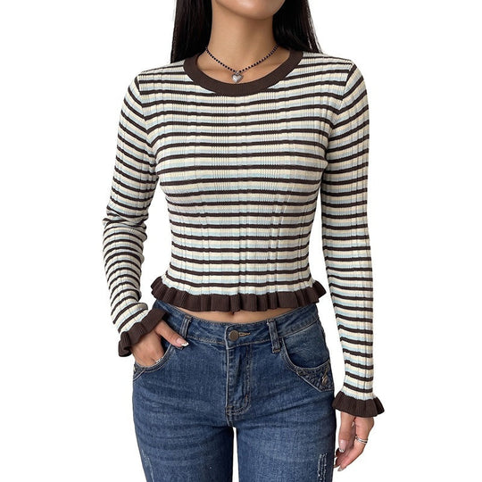 Damen Figurbetontes geripptes Cropped-Longsleeve mit Volantkante und feinem Streifenmuster Nord Taschen