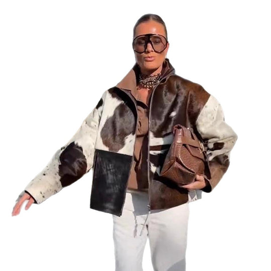 Damen Kurzjacke aus Haarigem Kunstfell mit Patchwork‑Optik und hohem Stehkragen Nord Taschen