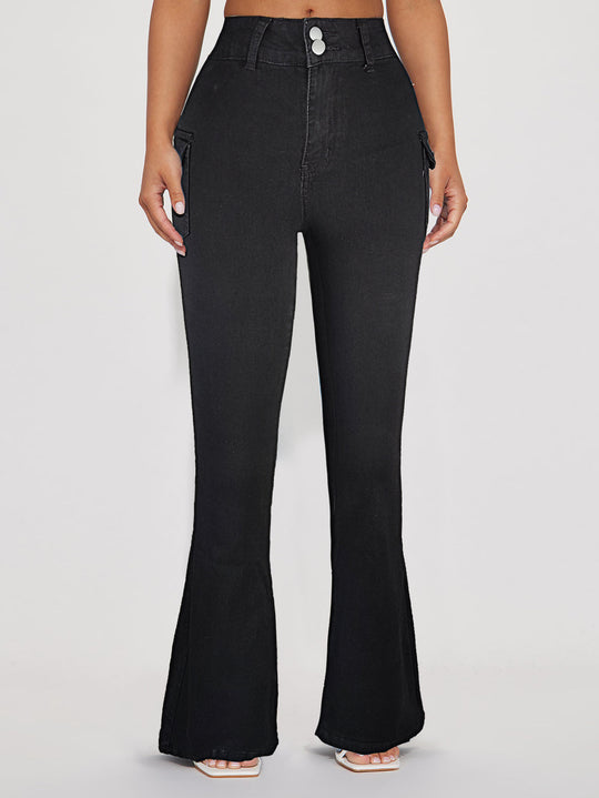 Damen Hochtaillierte Flared-Denimhose mit seitlichen Cargo-Pattentaschen & Doppelknopf Nord Taschen
