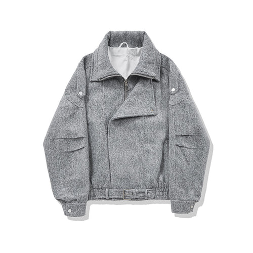 Damen Kurz geschnittene Wollmix-Bikerjacke mit asymmetrischer Front und Taillengürtel Nord Taschen