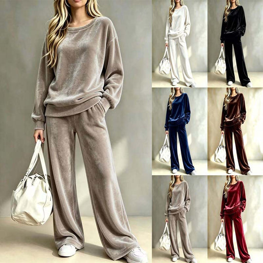 Damen Weiches Velours-Loungewear-Set mit weitem Bein und Rundhalsausschnitt Nord Taschen