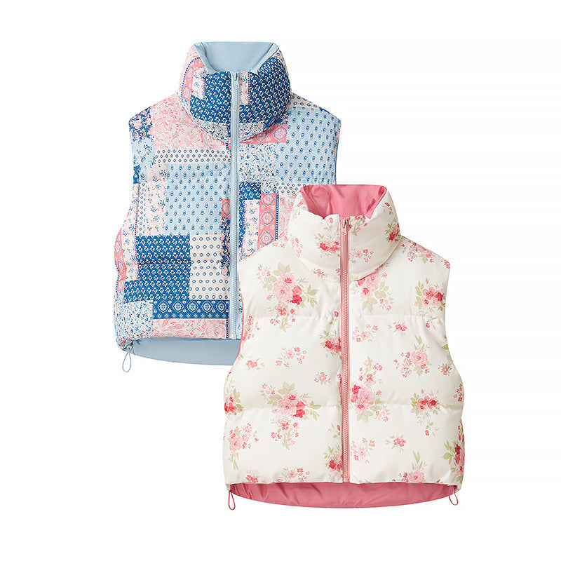 Damen Gesteppte Kurzweste mit Stehkragen, Patchwork-Bandana‑Print und Kordelzug Nord Taschen
