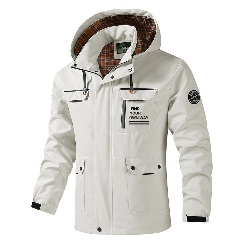 Herren Atmungsaktive wasserabweisende Kapuzen-Outdoorjacke mit kariertem Innenfutter, Multifunktions-Taschen & verstellbarer Kapuze Nord Taschen