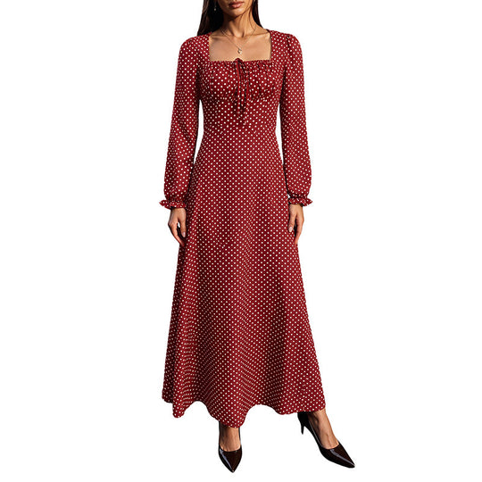 Damen Retro-Maxikleid mit quadratischem Ausschnitt, geraffter Brustpartie und langen Ärmeln Nord Taschen