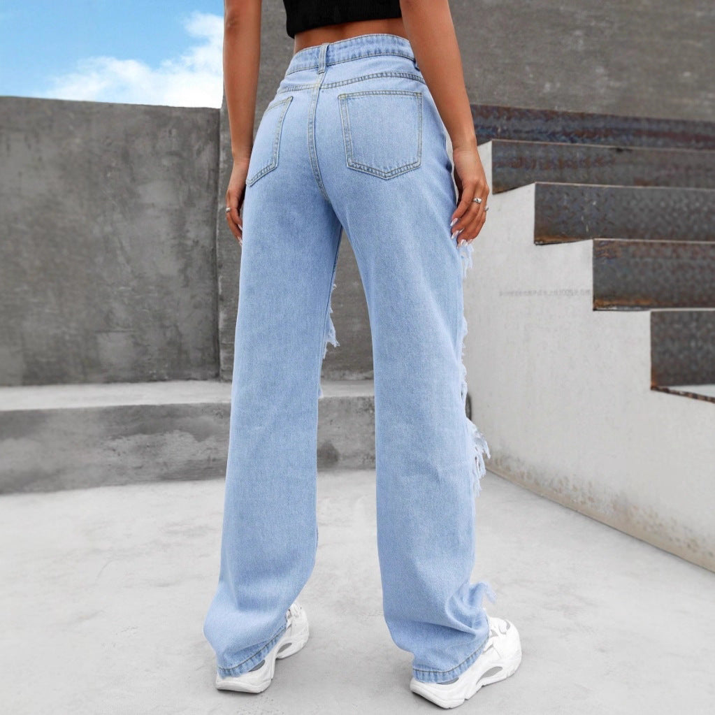 Damen hochgeschnittene stark zerstörte Denim-Jeans mit weitem Bein und dekorativen Nahtpaneelen Nord Taschen