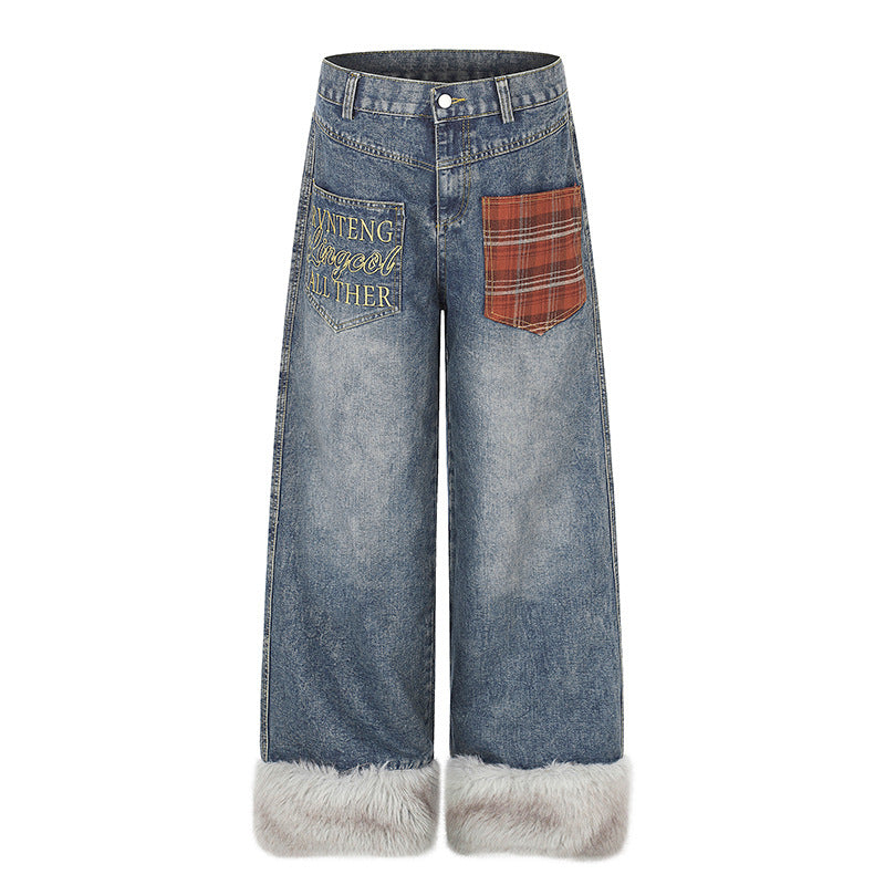 Damen weite hochgeschnittene Denim-Palazzohose mit Karopatchtasche und Kunstfellbesatz am Saum Nord Taschen