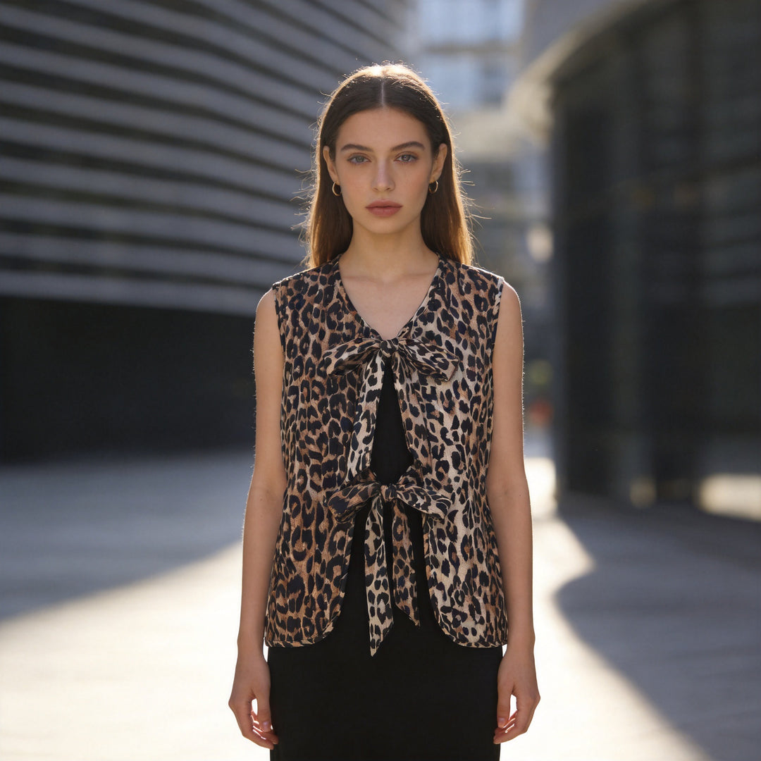 Damen Ärmelloses Satin-Blusentop mit Leoprint und doppelter Schleifenfront Nord Taschen