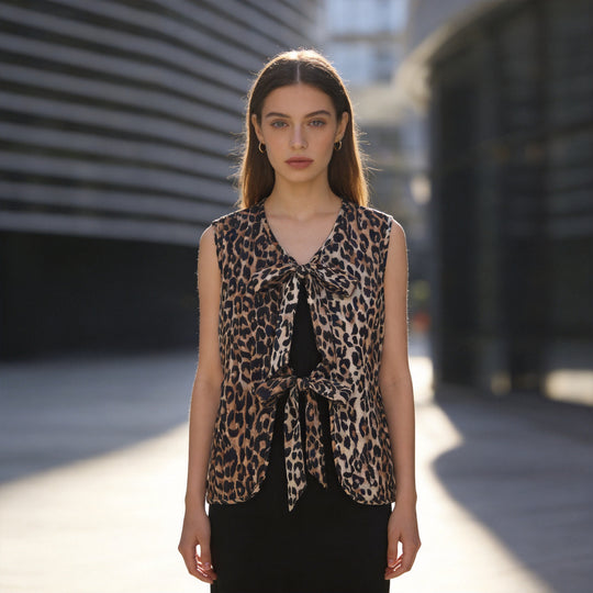 Damen Ärmelloses Satin-Blusentop mit Leoprint und doppelter Schleifenfront Nord Taschen
