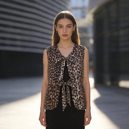 Damen Ärmelloses Satin-Blusentop mit Leoprint und doppelter Schleifenfront Nord Taschen