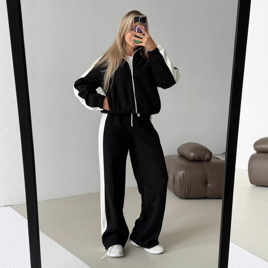 Damen sportlich-elegantes Fleece-Trainingsset mit kurzem Stehkragen-Zip, elastischem Bund und seitlichen Kontrastbahnen Nord Taschen