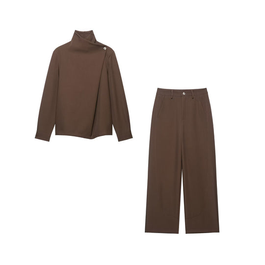 Damen Zweiteiliges Ensemble mit asymmetrischem Rollkragenoberteil und weiter Hochbundhose Nord Taschen
