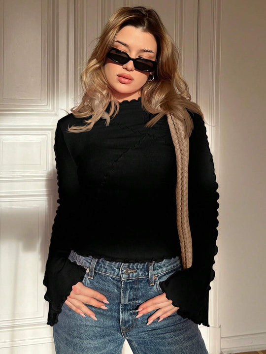 Damen Enganliegendes Geripptes Langarmshirt mit Stehkragen und Kräuselsaum Nord Taschen