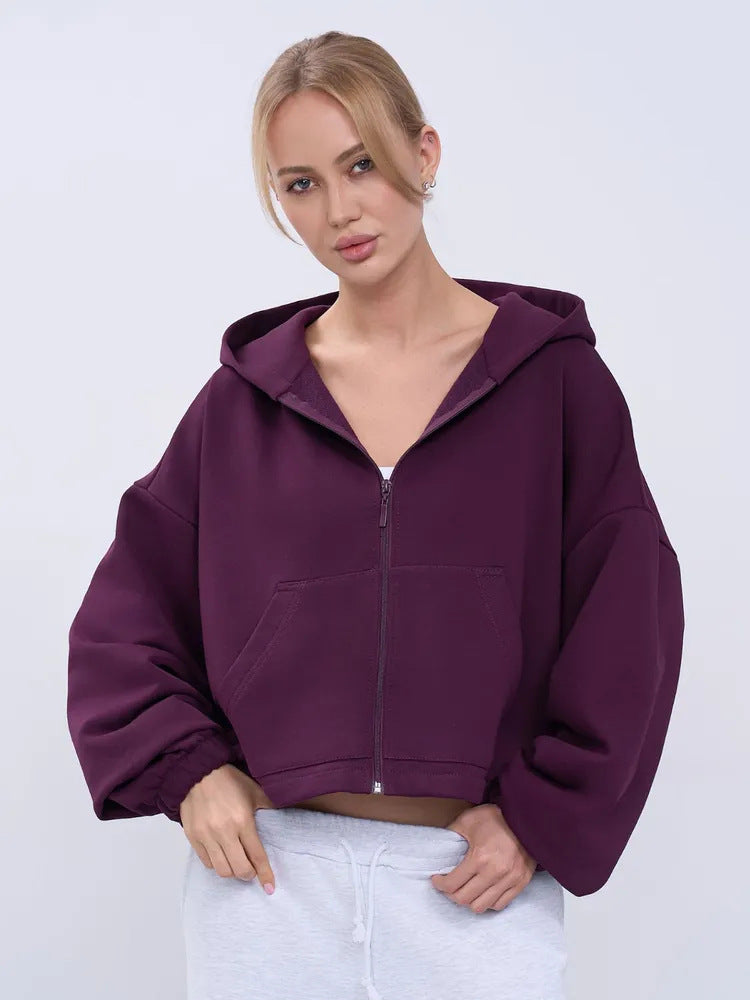 Damen legeres Cropped-Fleece-Hoodie mit Tunnelzugbund, Raglanärmeln und Reißverschluss Nord Taschen