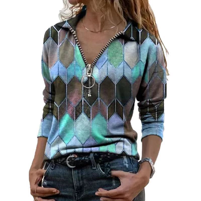 Damen Zip-Pullover mit Polokragen, grafischem Rautenprint und schmaler Passform Nord Taschen