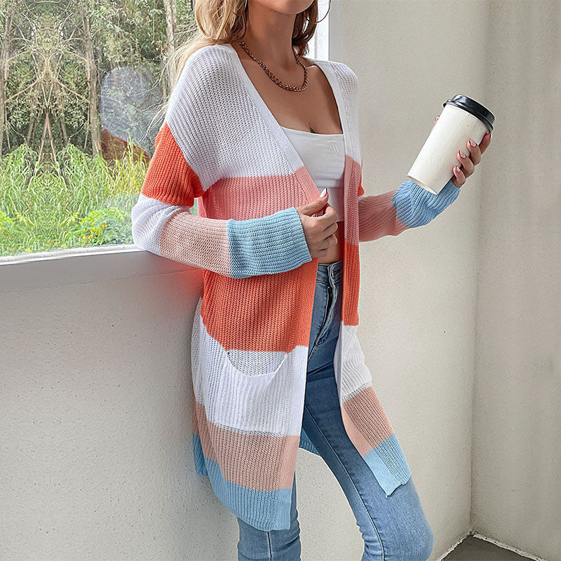 Damen Langer Blockstreifen-Strickcardigan mit offenem Schnitt, Eingrifftaschen und leichter Ajourstruktur Nord Taschen