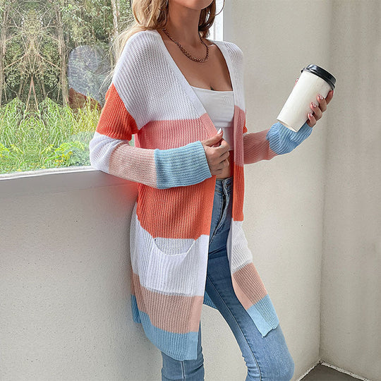 Damen Langer Blockstreifen-Strickcardigan mit offenem Schnitt, Eingrifftaschen und leichter Ajourstruktur Nord Taschen