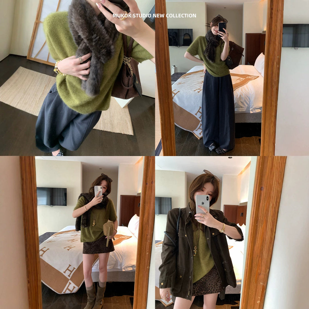 Damen Kurzarm Oversized Mohair-Feinstrickpullover Nord Taschen