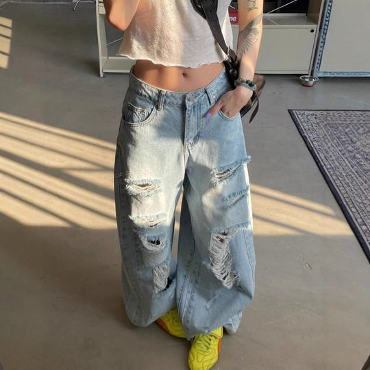 Damen Destroyed Wide-Leg Jeanshose mit trendigen Rissen Nord Taschen