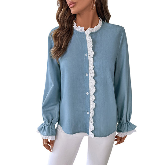 Damen Elegante Bluse mit Spitzenkragen und Rüschendetails Nord Taschen