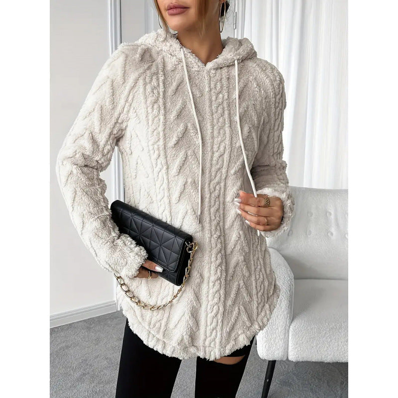 Damen Kuscheliger Teddy-Hoodie mit Zopfmuster Tunnelzug und gerundetem Saum Nord Taschen