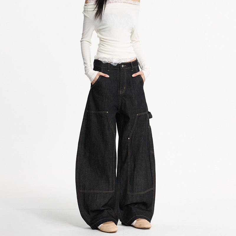Damen Extraweite Denim-Palazzohose im Cargostil mit tiefem Schritt, Kontrastnähten und Utility‑Details Nord Taschen