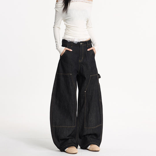 Damen Extraweite Denim-Palazzohose im Cargostil mit tiefem Schritt, Kontrastnähten und Utility‑Details Nord Taschen