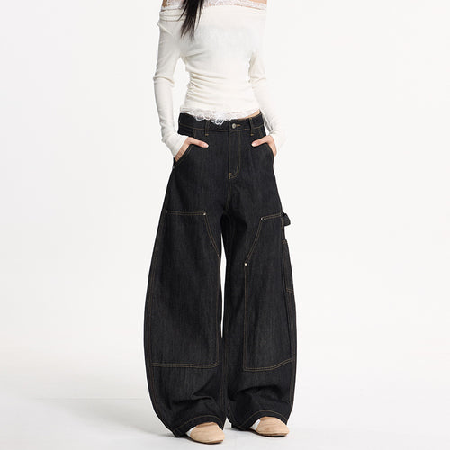 Damen Extraweite Denim-Palazzohose im Cargostil mit tiefem Schritt, Kontrastnähten und Utility‑Details Nord Taschen