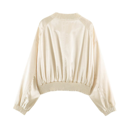 Damen Seidiger Cropped Bomber mit gerafftem Saum, Raglanärmeln und Eingrifftaschen Nord Taschen