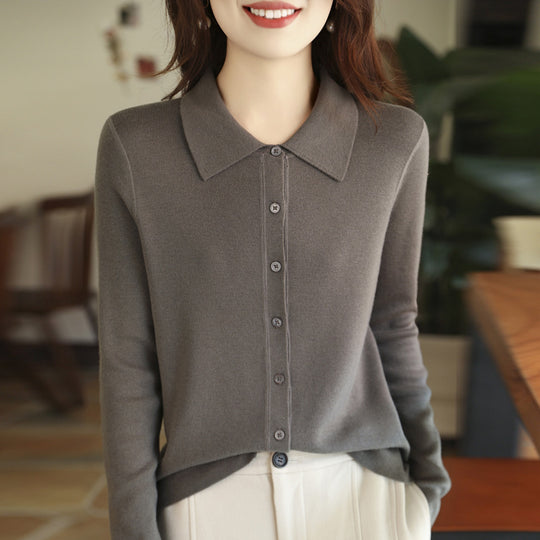 Damen Leichter Feinstrick-Cardigan mit Polokragen und durchgehender Knopfleiste Nord Taschen