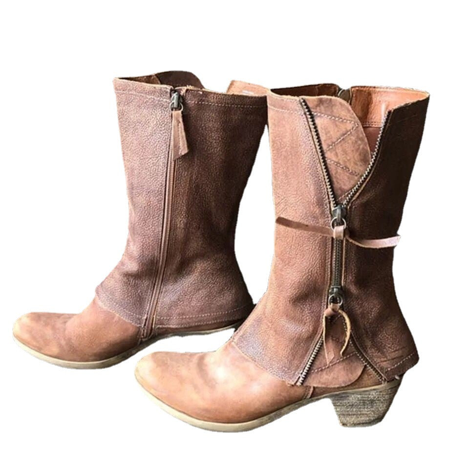 Damen Knöchel- bis wadenhohe Reißverschluss-Stiefel mit dekorativem Metallreißverschluss und niedrigem Blockabsatz Nord Taschen
