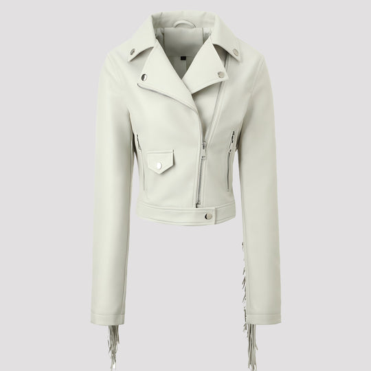 Damen Kurz geschnittene taillierte Bikerjacke aus Kunstleder mit Fransen an den Ärmeln und asymmetrischem Reißverschluss Nord Taschen
