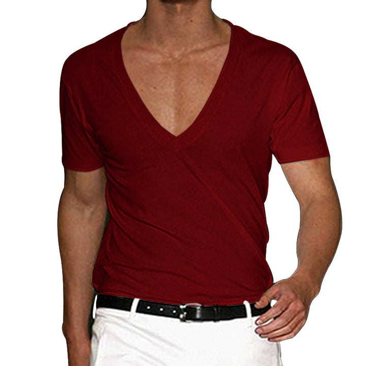 Herren nan tief ausgeschnittenes V-Ausschnitt Kurzarmshirt aus Baumwollstretch mit tailliertem Schnitt