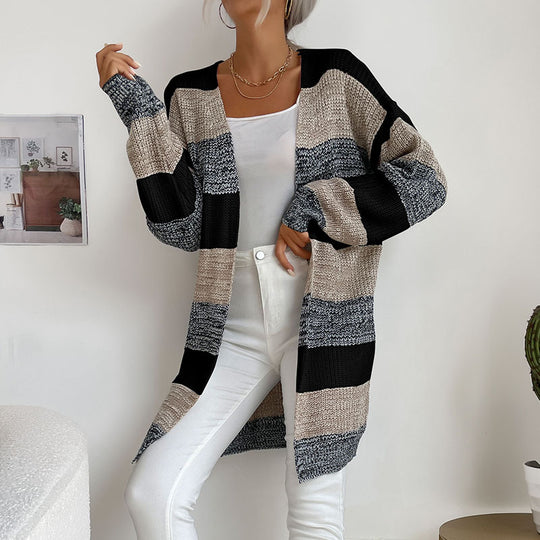Damen Longline Strickcardigan mit breiten Blockstreifen, offener Front und überschnittener Schulter Nord Taschen