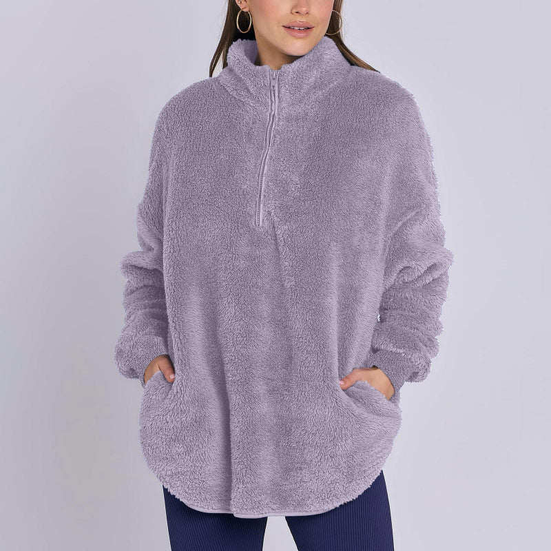 Damen Flauschiger Oversize-Sherpa-Pullover mit Halbzip und Kängurutaschen Nord Taschen