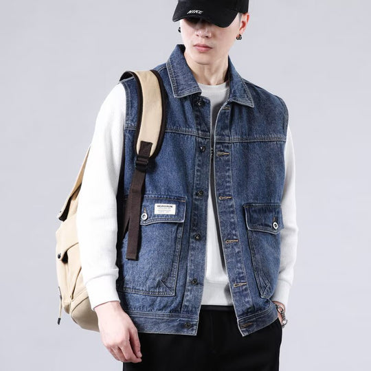 Herren Ärmellose Jeans-Workerweste mit Pattentaschen und kastiger Passform Nord Taschen