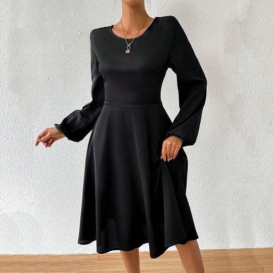 Damen elegantes Midikleid mit taillierter Korsagenoptik ausgestelltem A-Linien-Rock und langen ausgestellten Ärmeln Nord Taschen