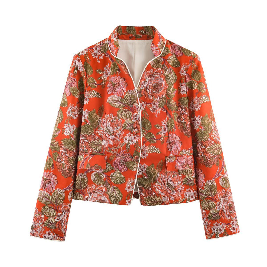 Damen Kurzblazer im Brokat‑Jacquard mit Stehkragen und Paspelkante Nord Taschen